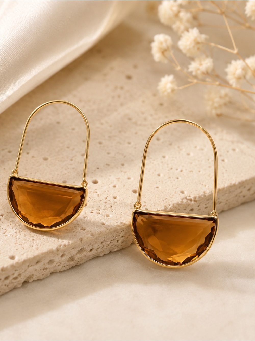 Amber colored gem half moon earrings